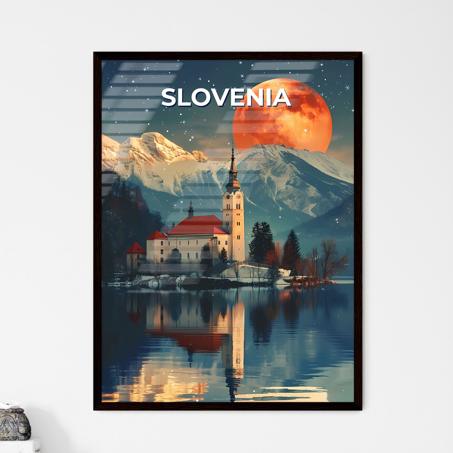 Vibrant Art: Painting of a Building by a Lake in Slovenia with Mountain Backdrop