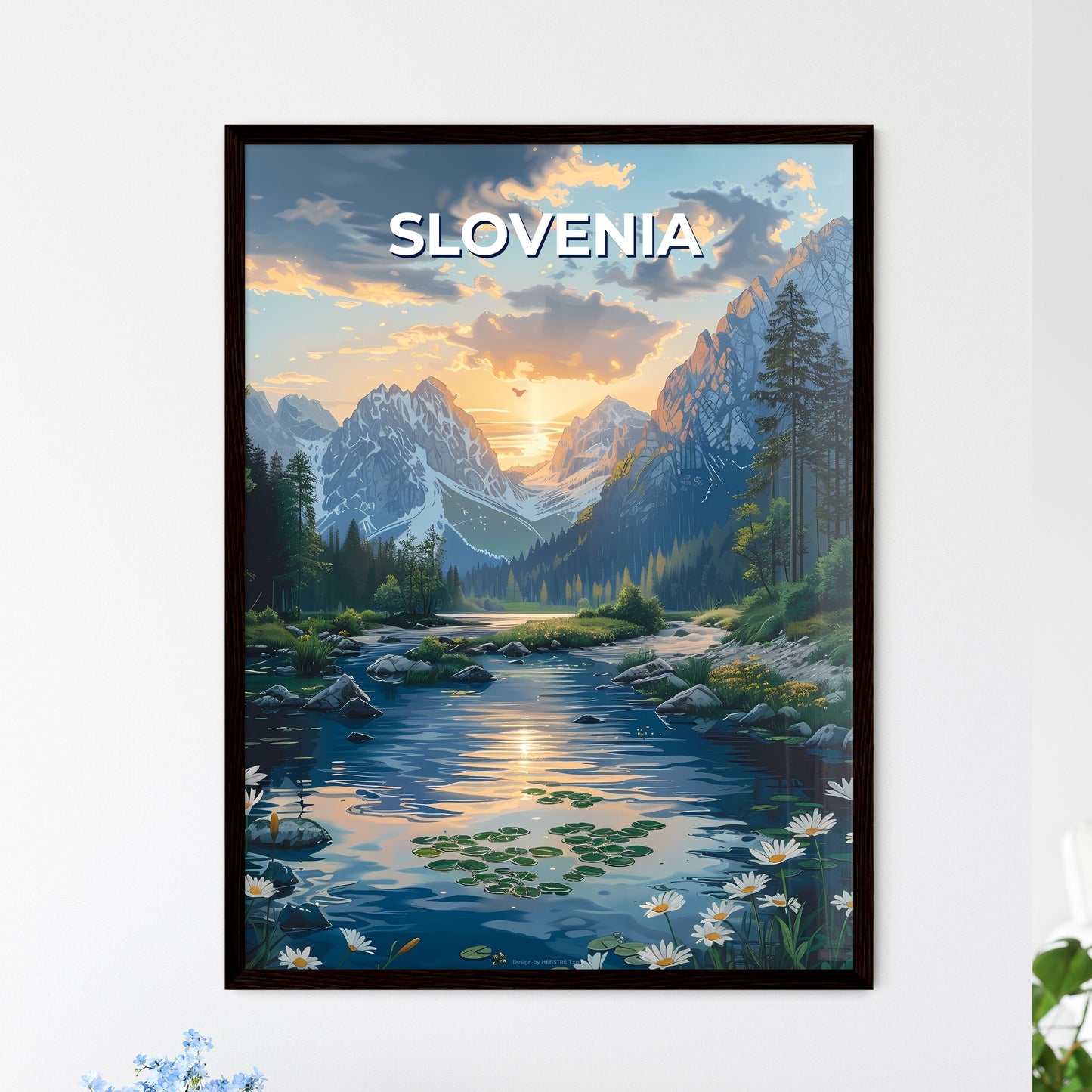 Artistic River Landscape Painting: Slovenia, Europe, Nature, Flowers, Mountains