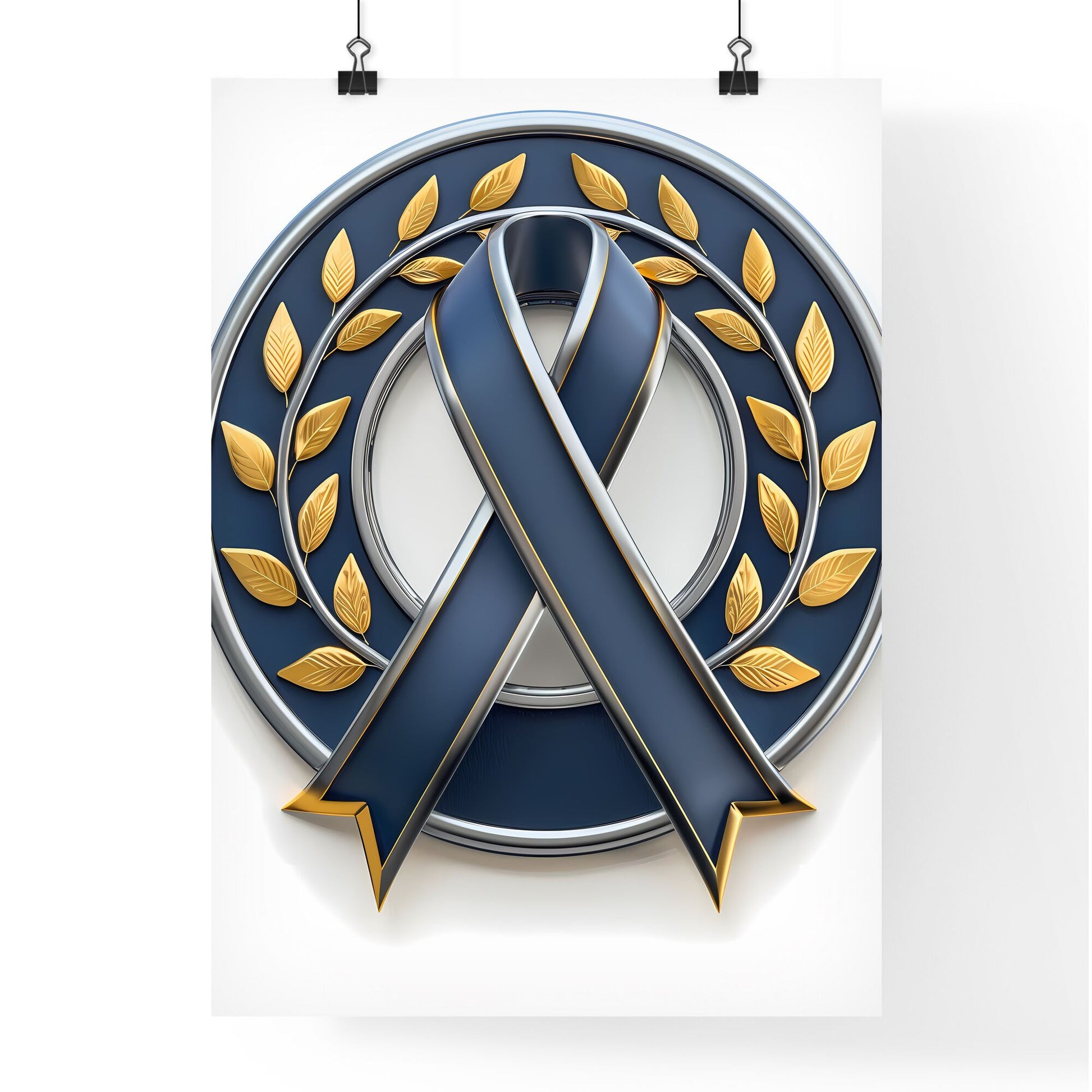 3d illustration icon of a blue ribbon with gold laurel wreath on white background, transparent PNG, painting Default Title