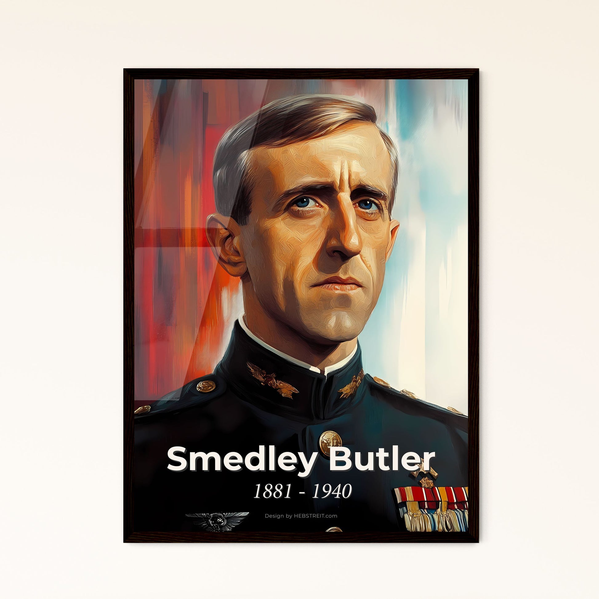 Portrait of Smedley Butler, 1881 - 1940. Impressionistic painting of a man in a military uniform.