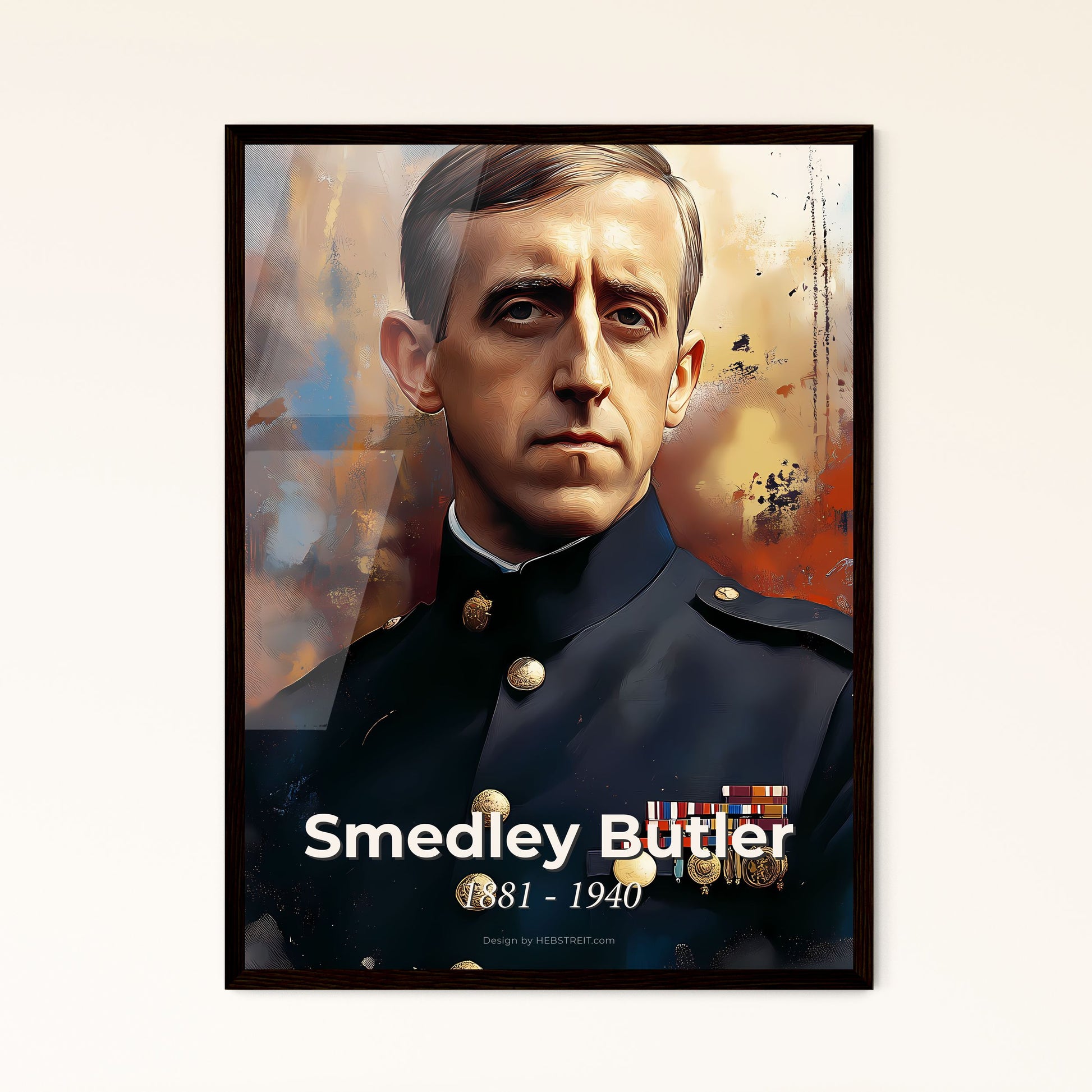 Portrait of Smedley Butler, 1881 - 1940. Impressionistic painting of a man in a military uniform.