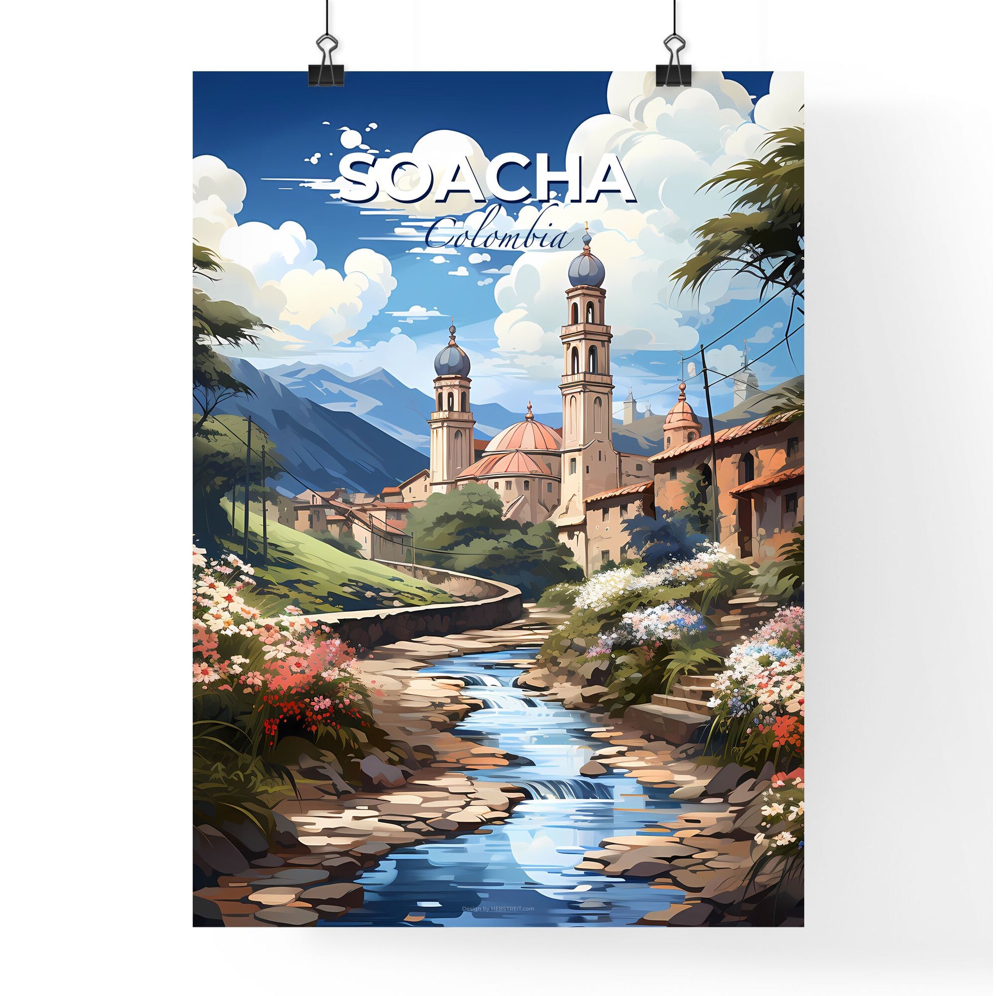 Vibrant Painting of Soacha, Colombia Skyline Featuring River and Urban Landscape Default Title