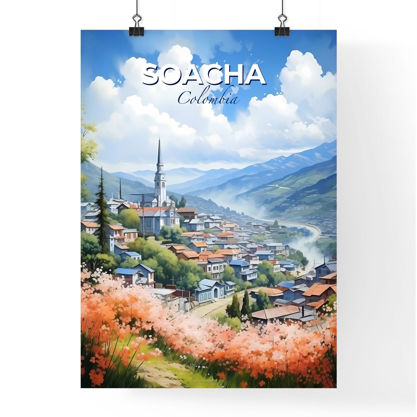 Vibrant Painting of Soacha Colombia Skyline Town Hill Trees Mountains Art Default Title