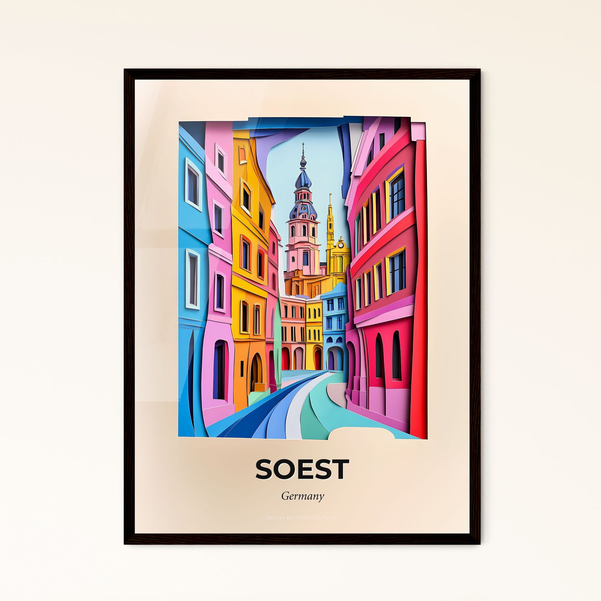 Vivid Soest, Germany - a painting of a street with a clock tower in the background