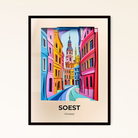 Vivid Soest, Germany - a painting of a street with a clock tower in the background