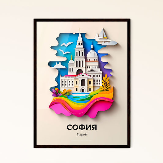 Vivid Sofia, Bulgaria - a paper cut of a church with a boat in the water