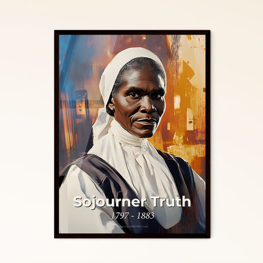 Portrait of Sojourner Truth, 1797 - 1883. Impressionistic painting of a woman in a white robe.