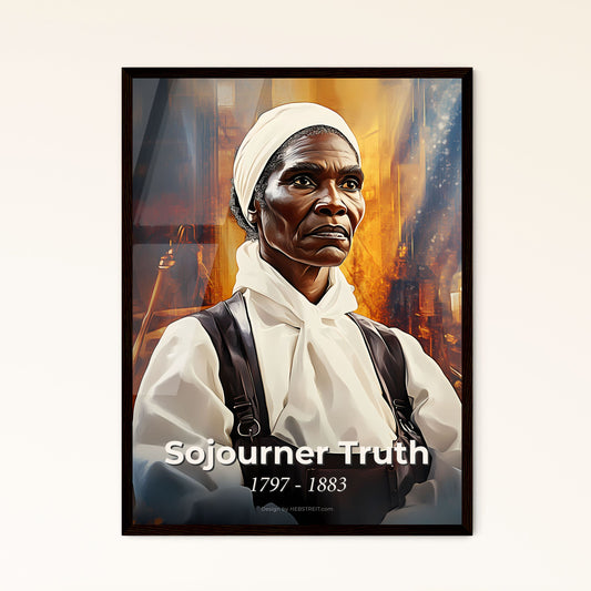 Portrait of Sojourner Truth, 1797 - 1883. Impressionistic painting of a woman in a white shirt and white scarf.