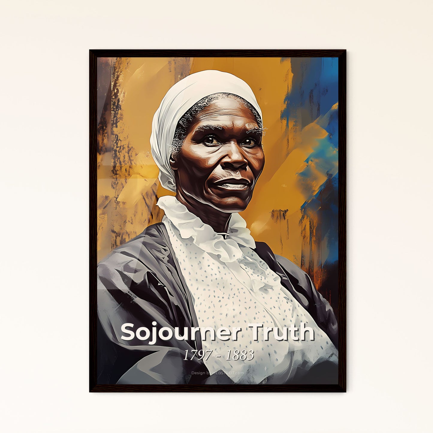 Portrait of Sojourner Truth, 1797 - 1883. Impressionistic painting of a woman in a white robe.