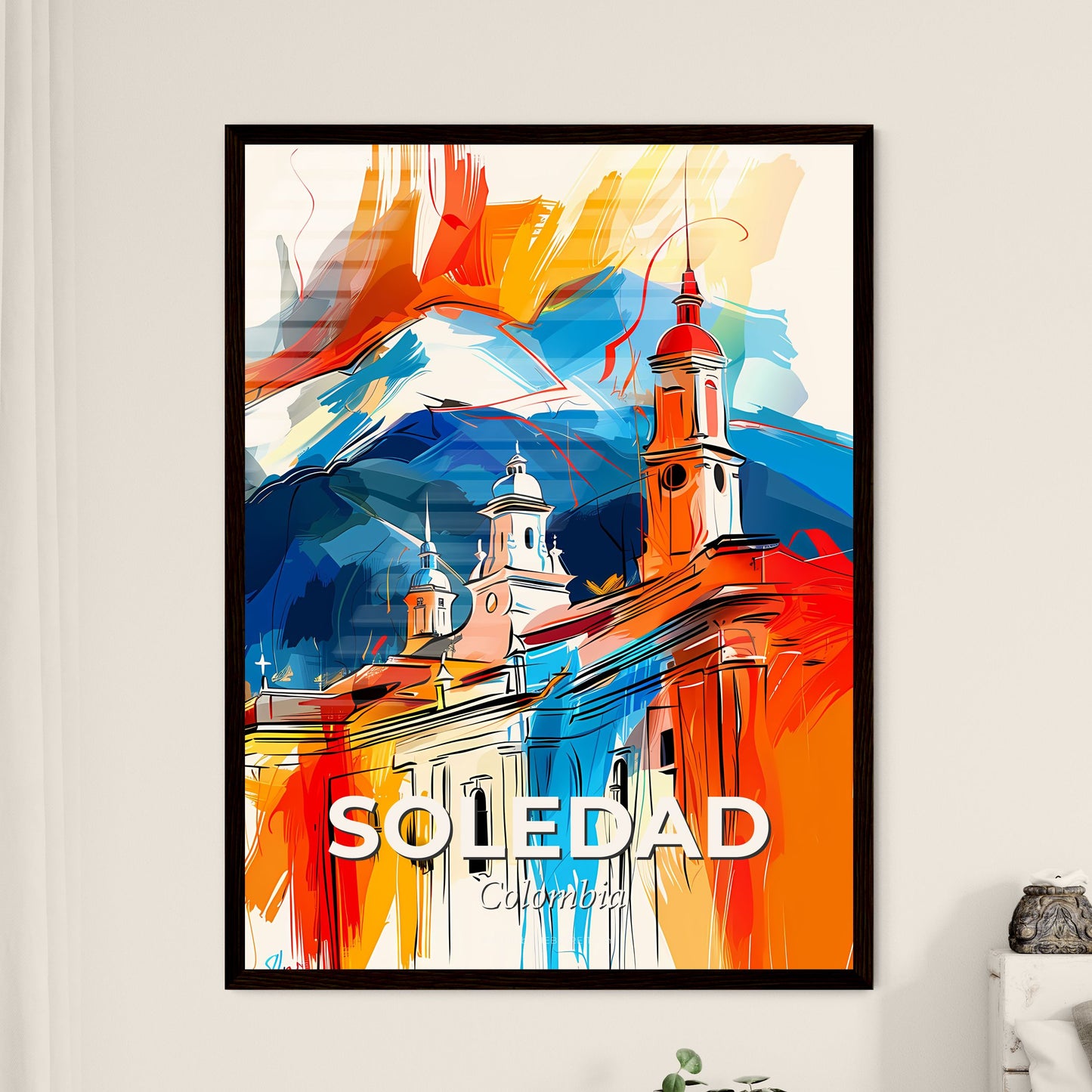 Vibrant Soledad, Colombia - A Painting Of A Building With A Mountain In The Background