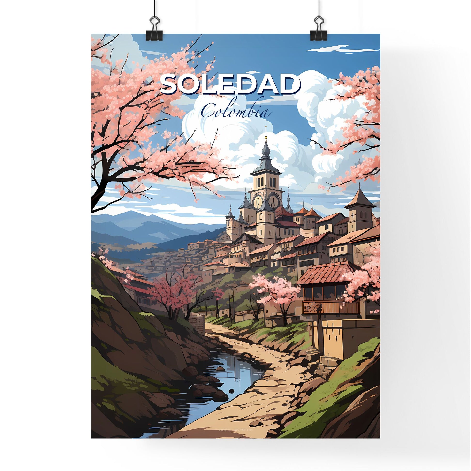 Vibrant Artistic Cityscape of Soledad, Colombia Featuring Clock Tower and River Default Title