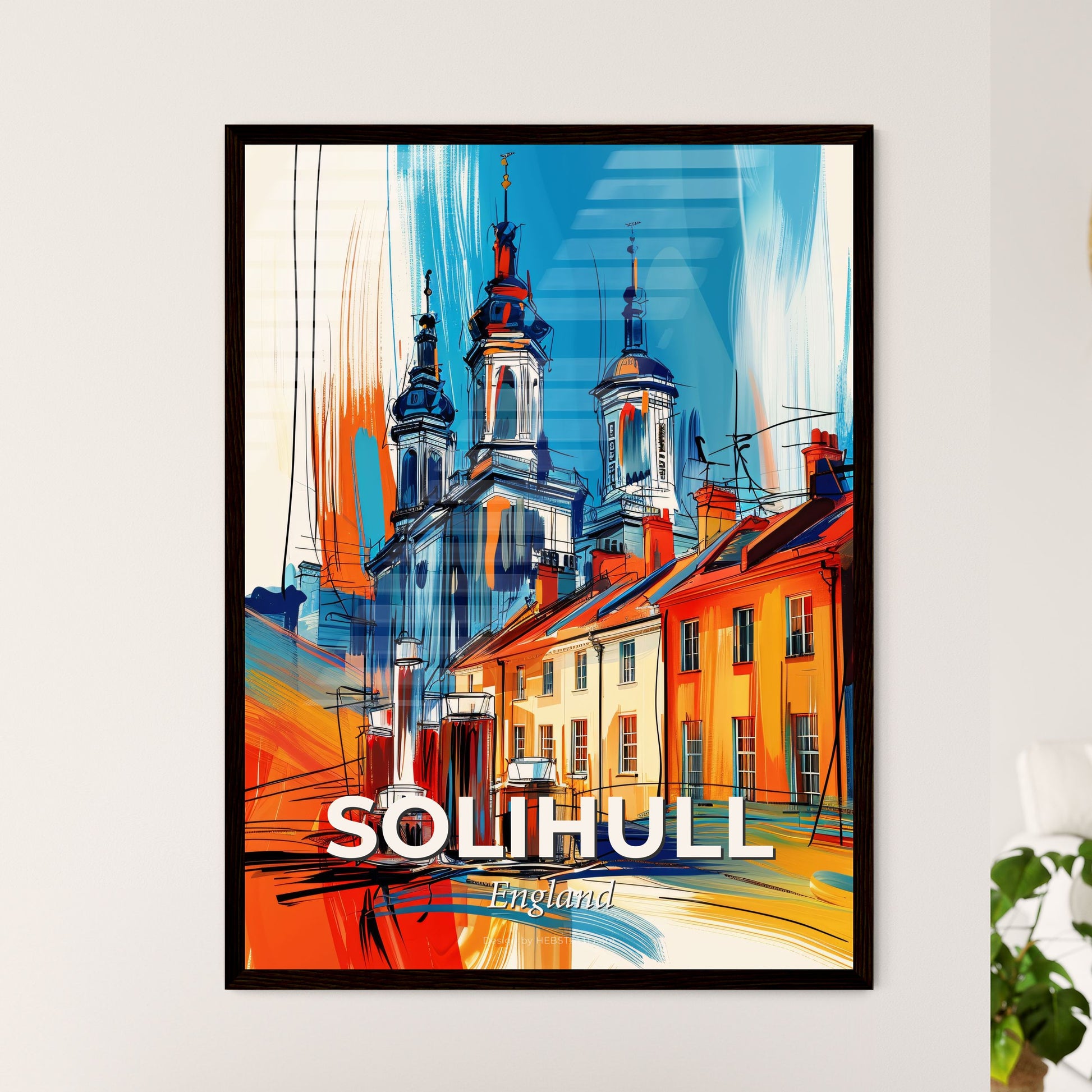 Vibrant Solihull, England - A Painting Of A Building With Towers And A Red And Blue Sky