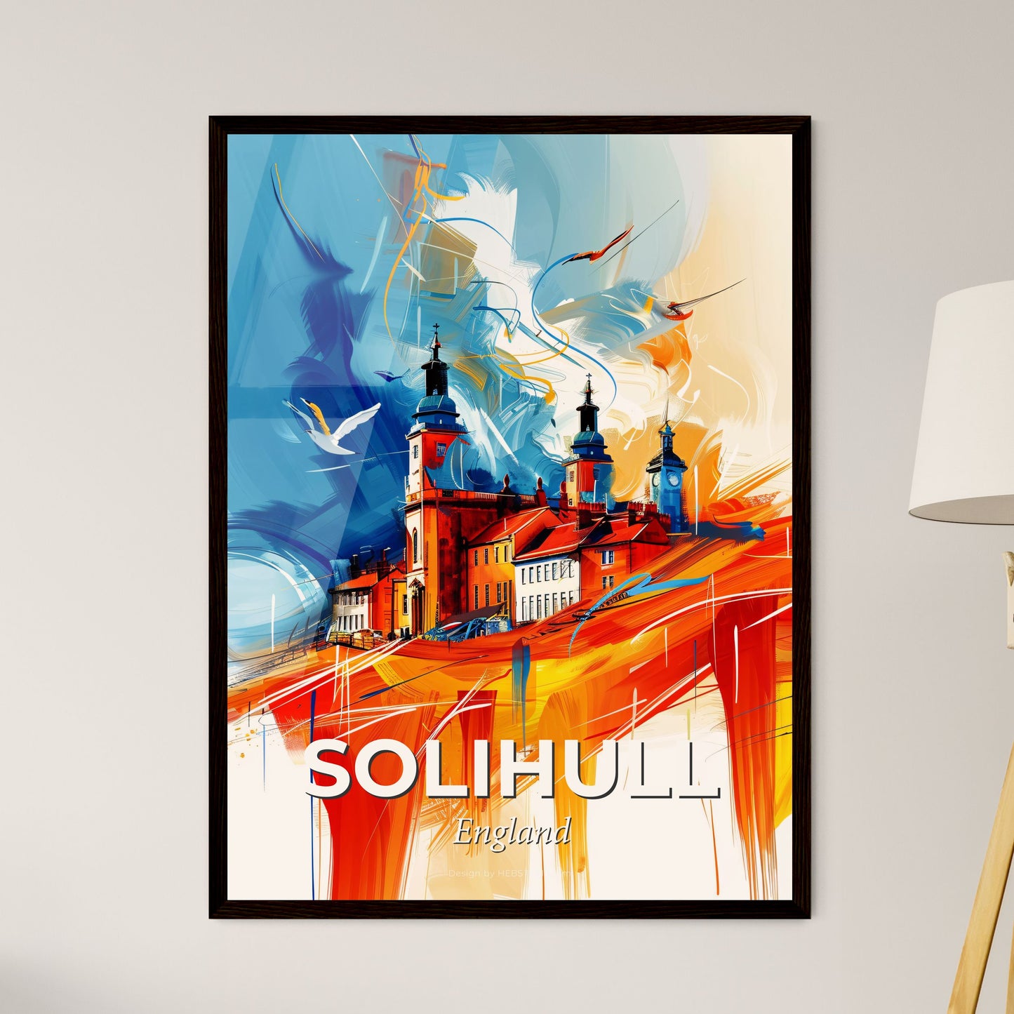 Vibrant Solihull, England - A Painting Of A Building With Towers And Birds Flying