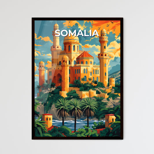 Vibrant African Art: Majestic Somali Castle on Hill with Palm Trees