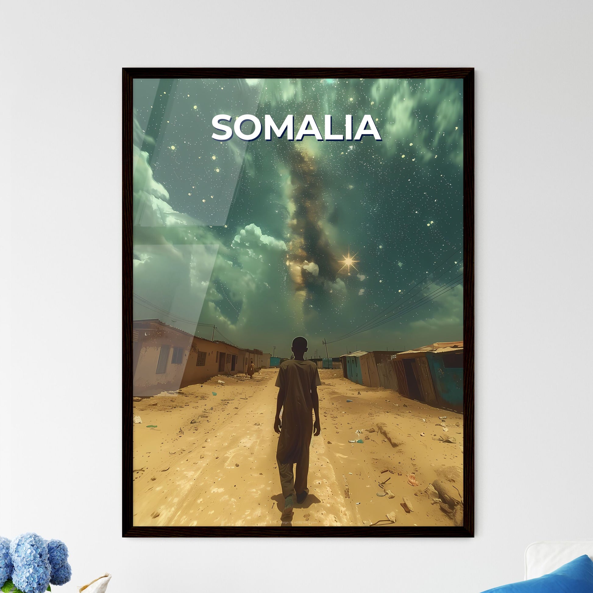African Art, Somalia, Vibrant Painting, Dirt Road, Buildings, Stars, Night Sky
