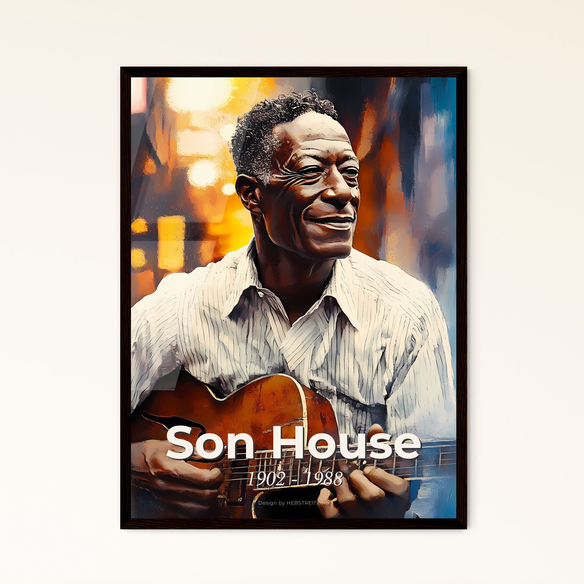 Portrait of Son House, 1902 - 1988. Impressionistic painting of a man holding a guitar.