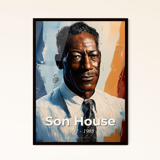 Portrait of Son House, 1902 - 1988. Impressionistic painting of a man in a tie.