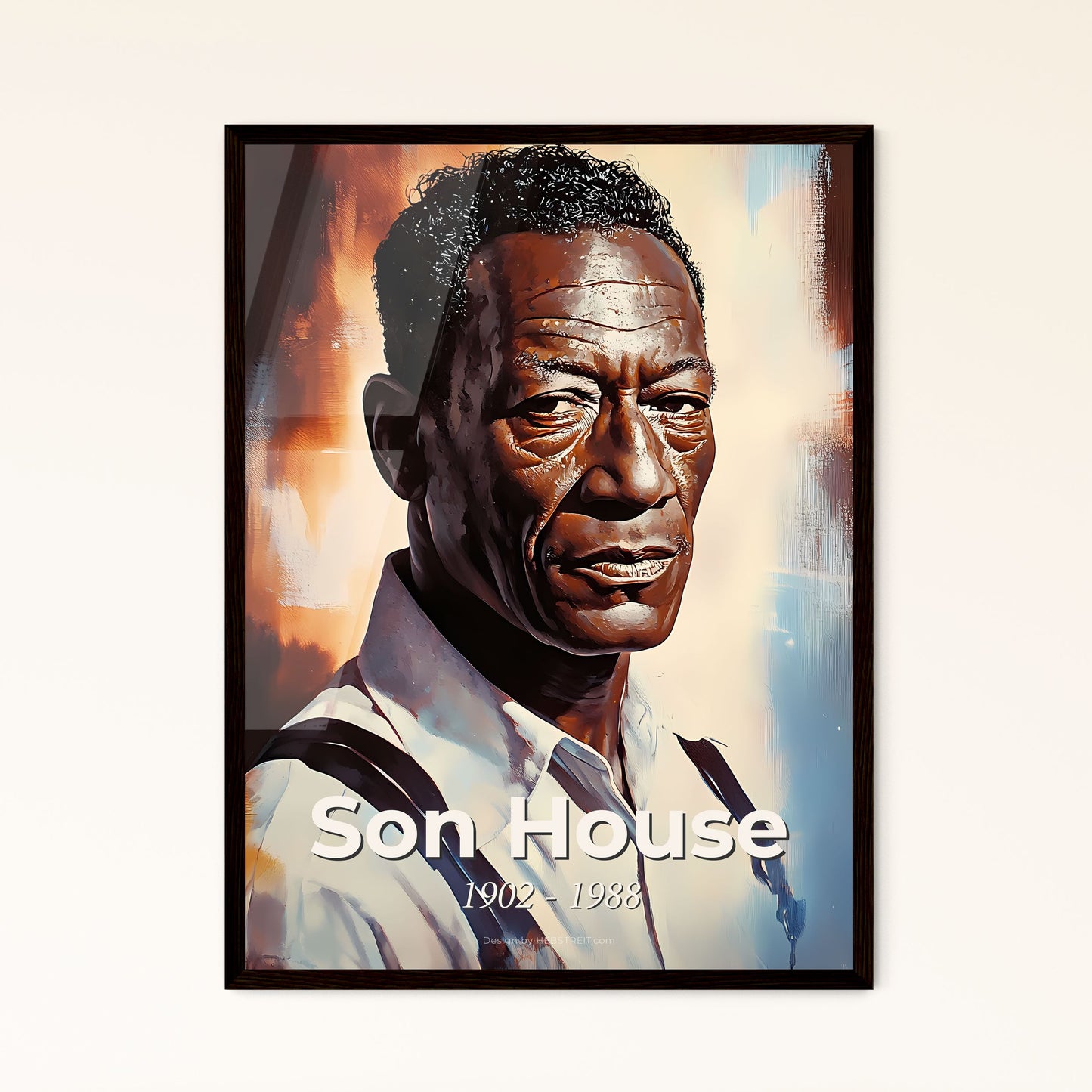 Portrait of Son House, 1902 - 1988. Impressionistic painting of a man in a white shirt.