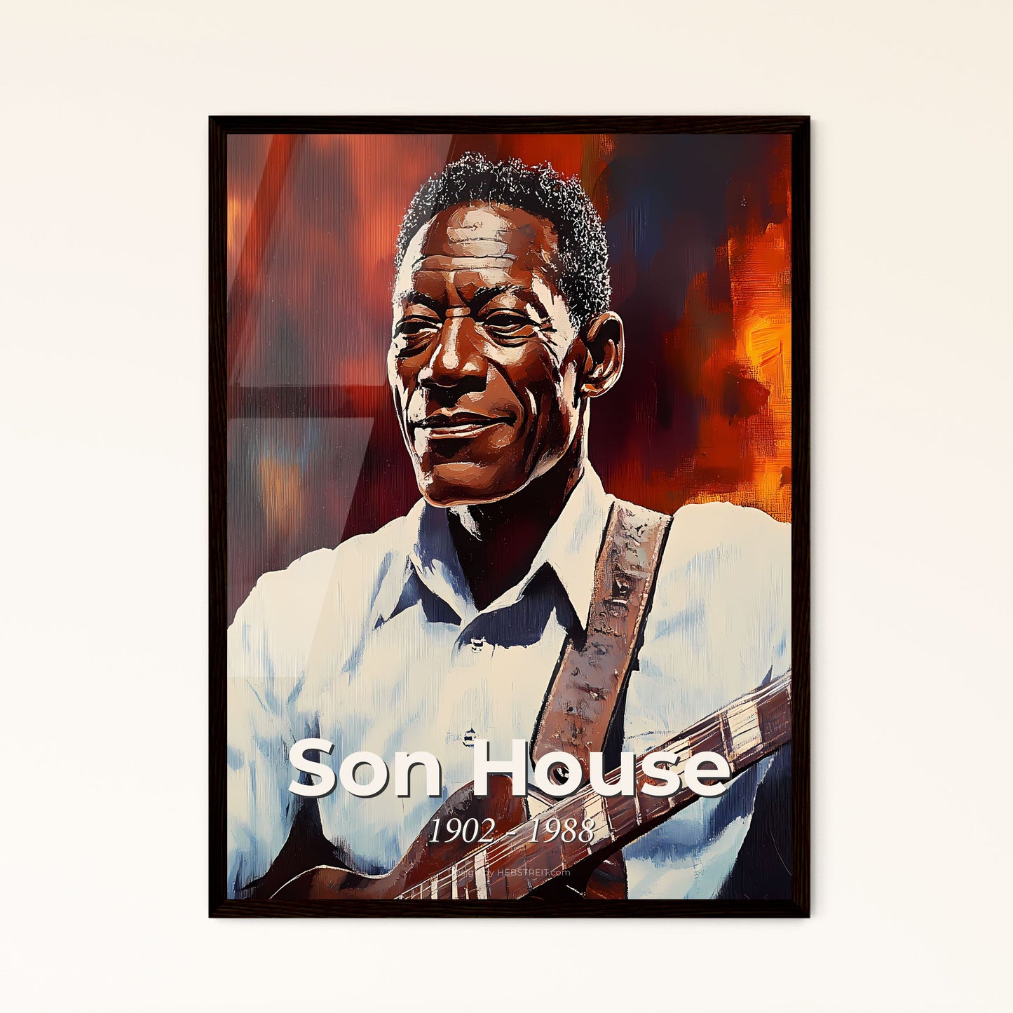 Portrait of Son House, 1902 - 1988. Impressionistic painting of a man playing a guitar.