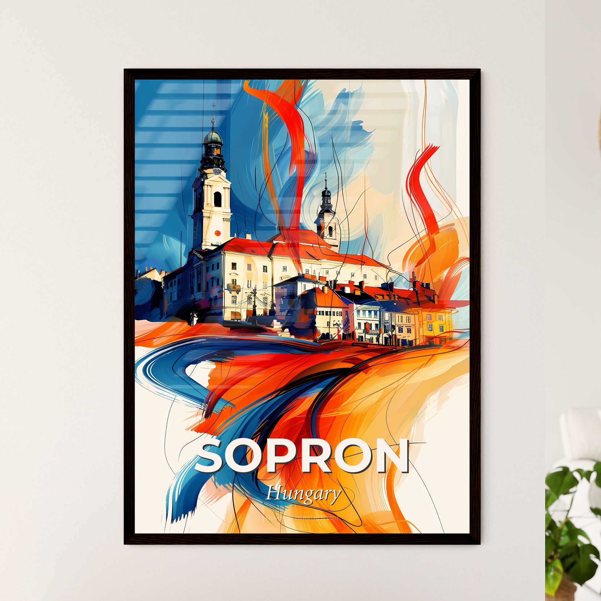 Vibrant Sopron, Hungary - A Painting Of A Building With A Tower And A Church