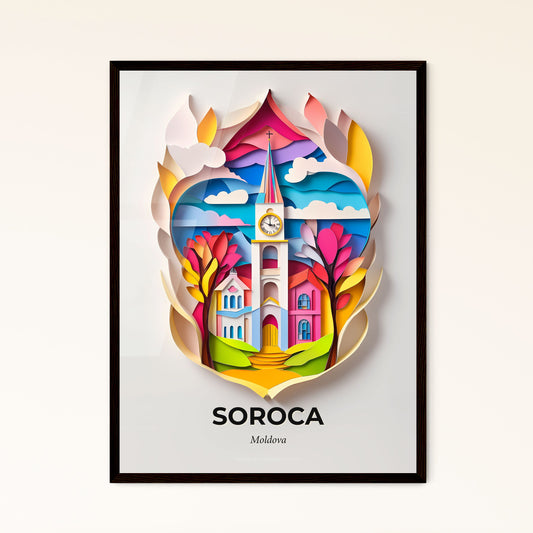 Vivid Soroca, Moldova - a paper cut of a church with a clock on it