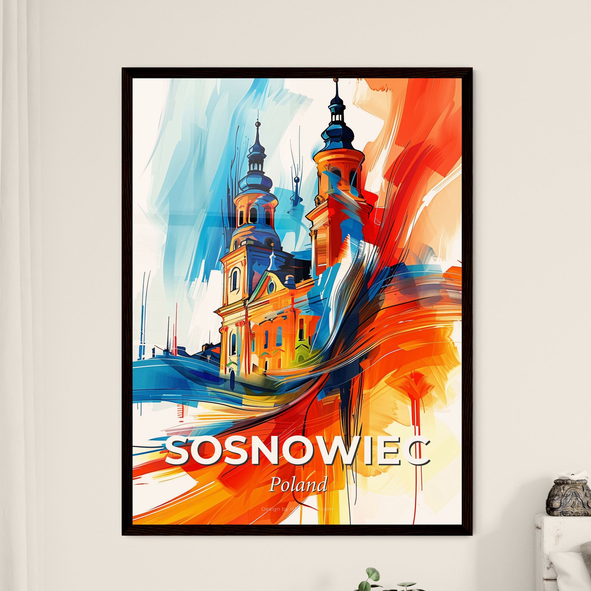 Vibrant Sosnowiec, Poland - A Painting Of A Building With Towers And A Colorful Background