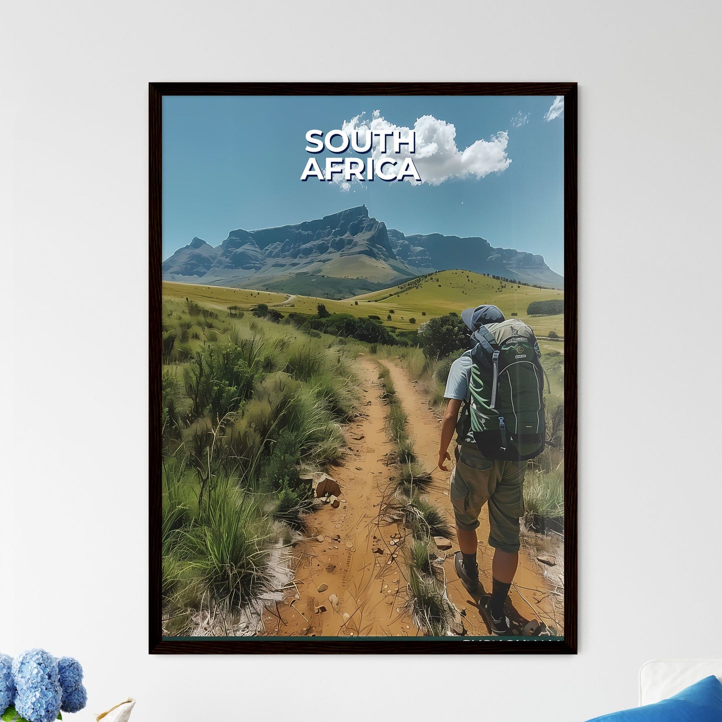 Vibrant Art Depiction of Man Walking on African Dirt Road with Mountain Background