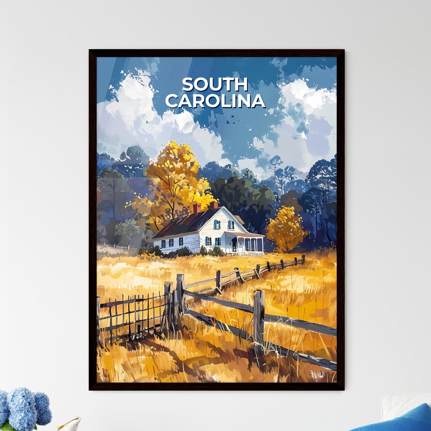 Vibrant Landscape Painting: South Carolina Field House with Trees and Fence