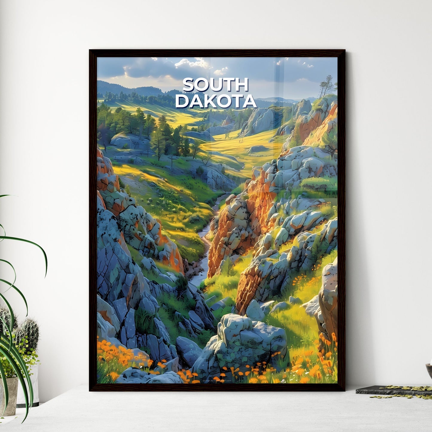 Vibrant Digital Painting of Rocky Hills, Trees, and Grass in South Dakota, USA