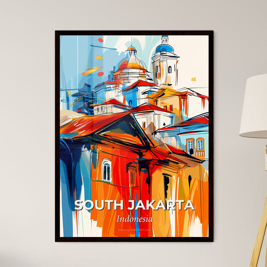 Vibrant South Jakarta, Indonesia - A Painting Of A Building With A Blue And Orange Roof