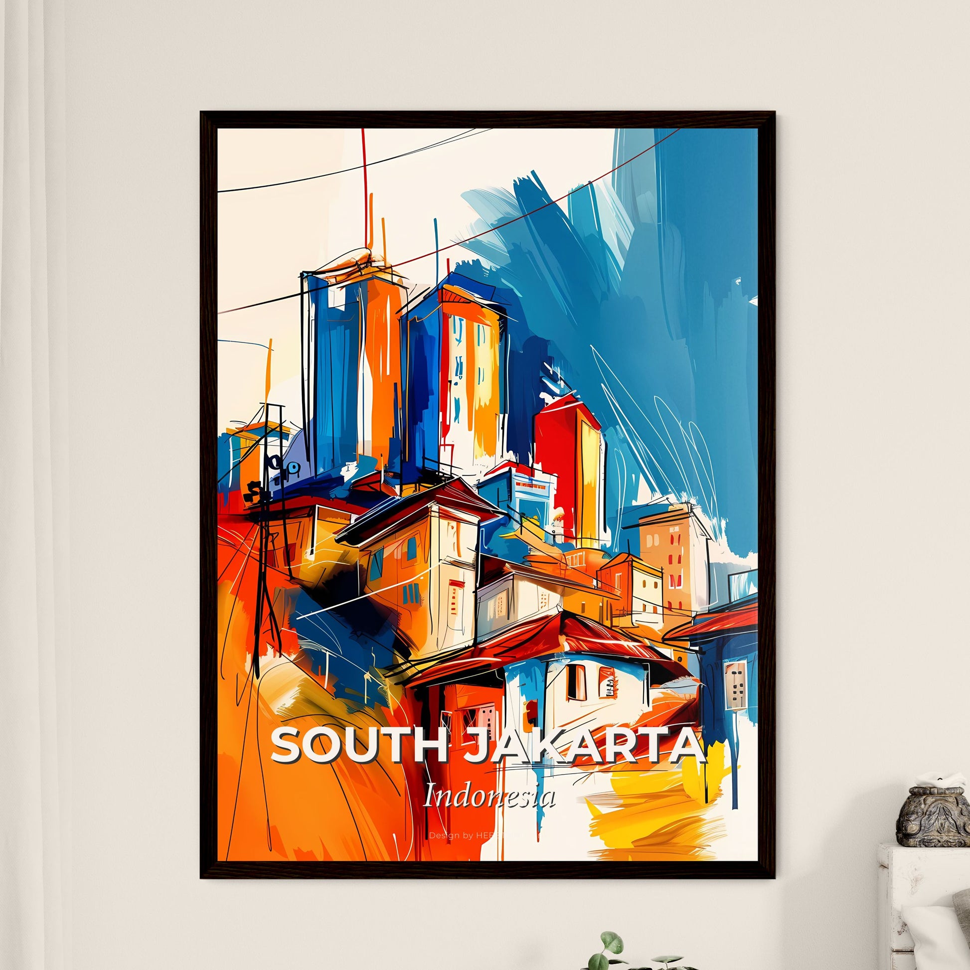 Vibrant South Jakarta, Indonesia - A Painting Of Buildings And A Blue Sky