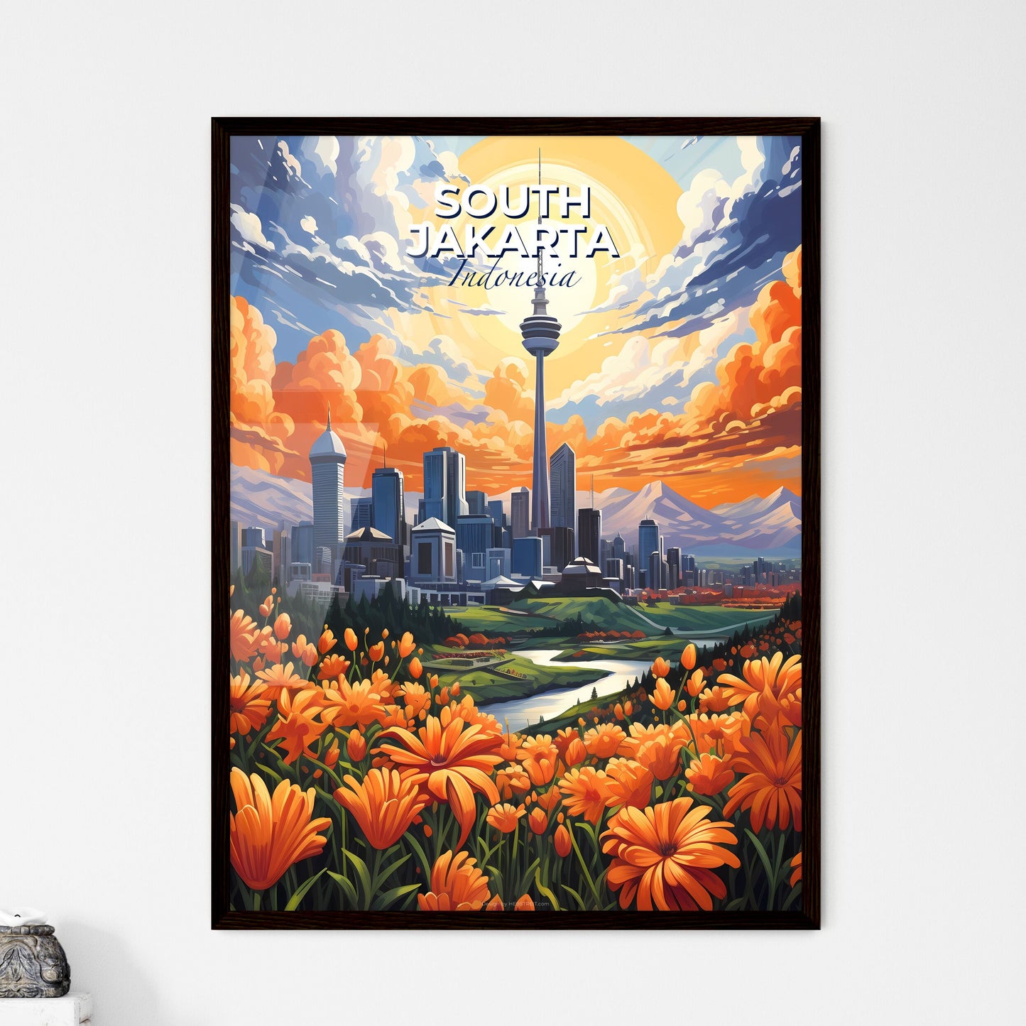 Vibrant Cityscape Painting: South Jakarta Skyline with Colorful Flora and Mountains Default Title