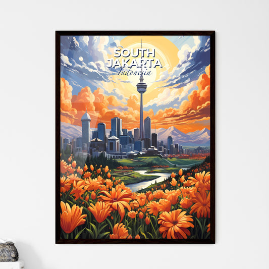 Vibrant Cityscape Painting: South Jakarta Skyline with Colorful Flora and Mountains Default Title