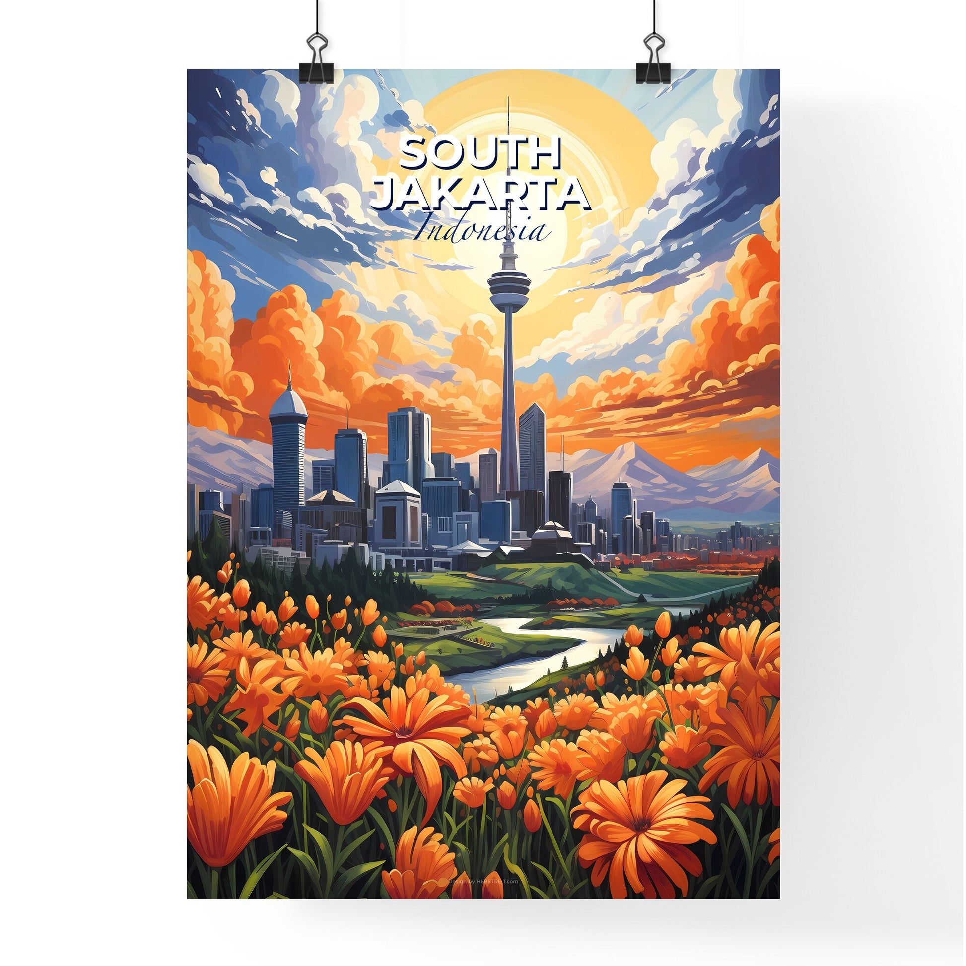 Vibrant Cityscape Painting: South Jakarta Skyline with Colorful Flora and Mountains Default Title