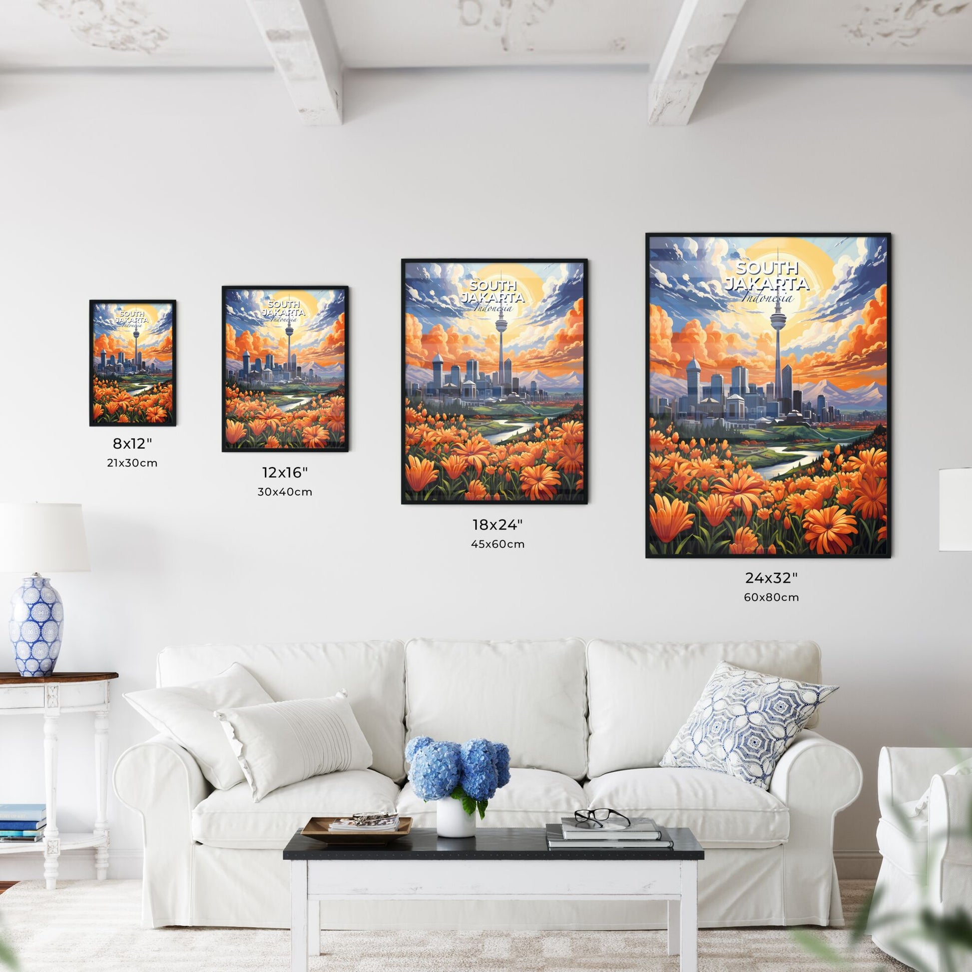 Vibrant Cityscape Painting: South Jakarta Skyline with Colorful Flora and Mountains Default Title