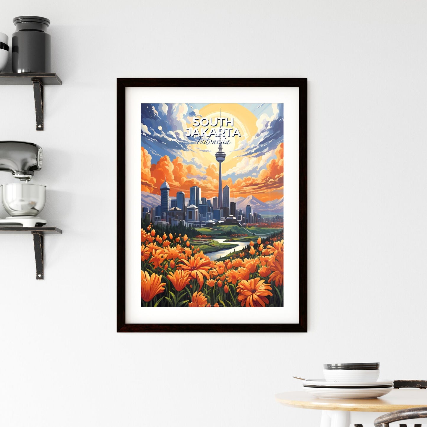 Vibrant Cityscape Painting: South Jakarta Skyline with Colorful Flora and Mountains Default Title