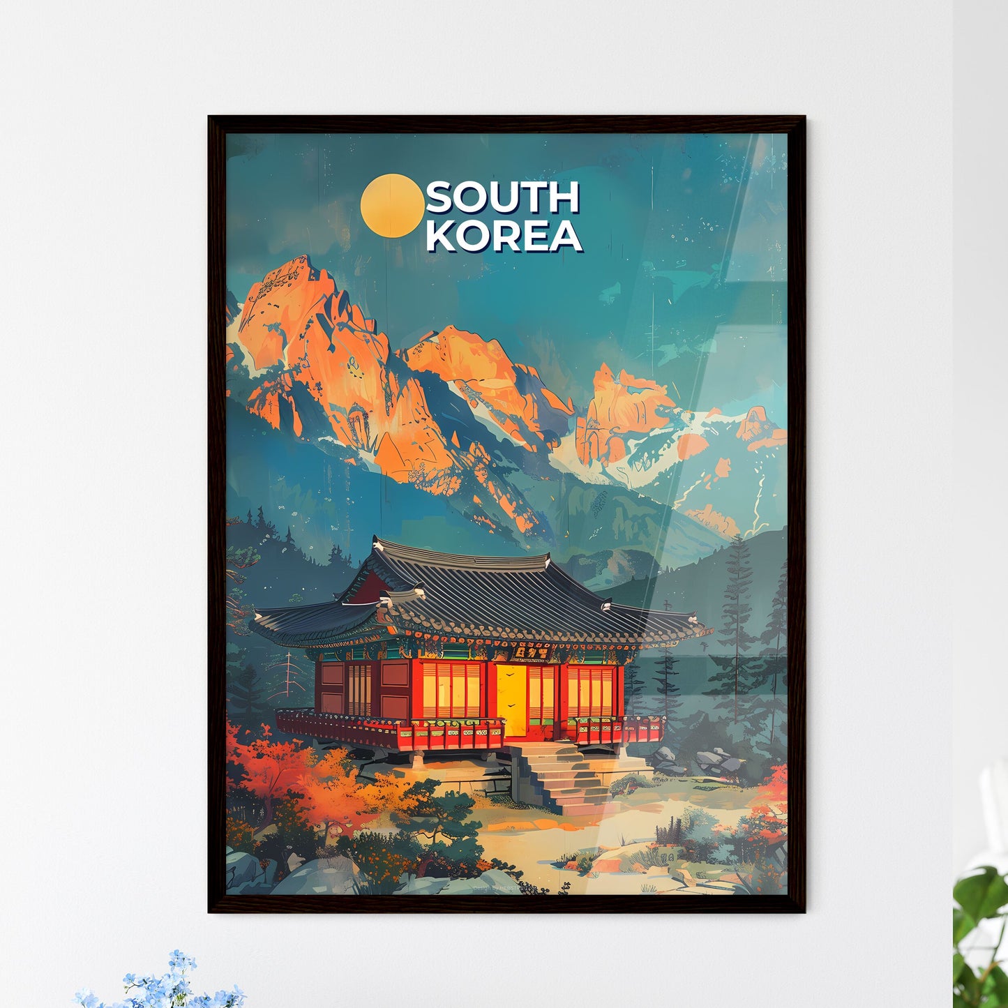 Modern Vibrant Korean Painting of Building Amidst Mountains East Asia Artwork Framed Art