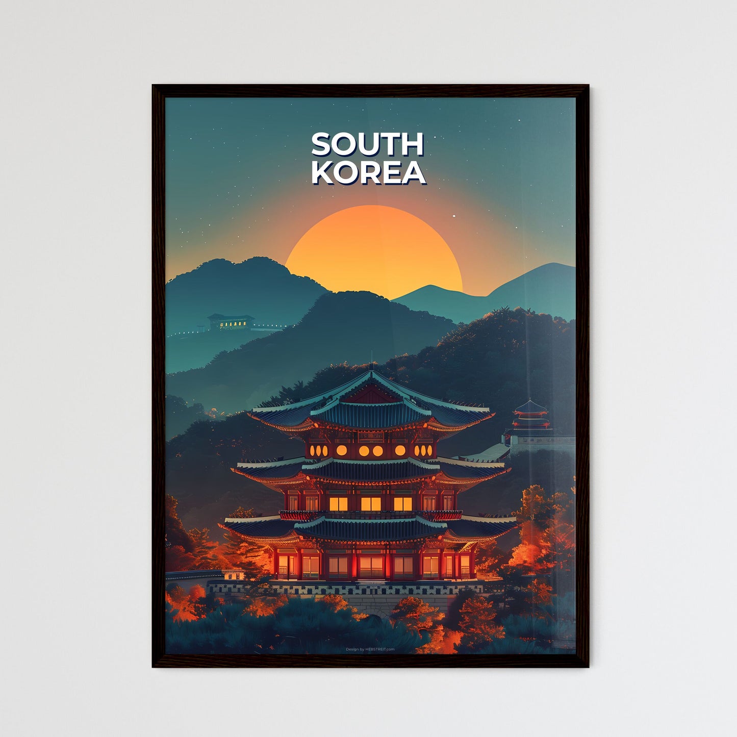 Vibrant Korean Art: Building Painting with Sun Motif, South East Asia, East Asia Framed Art