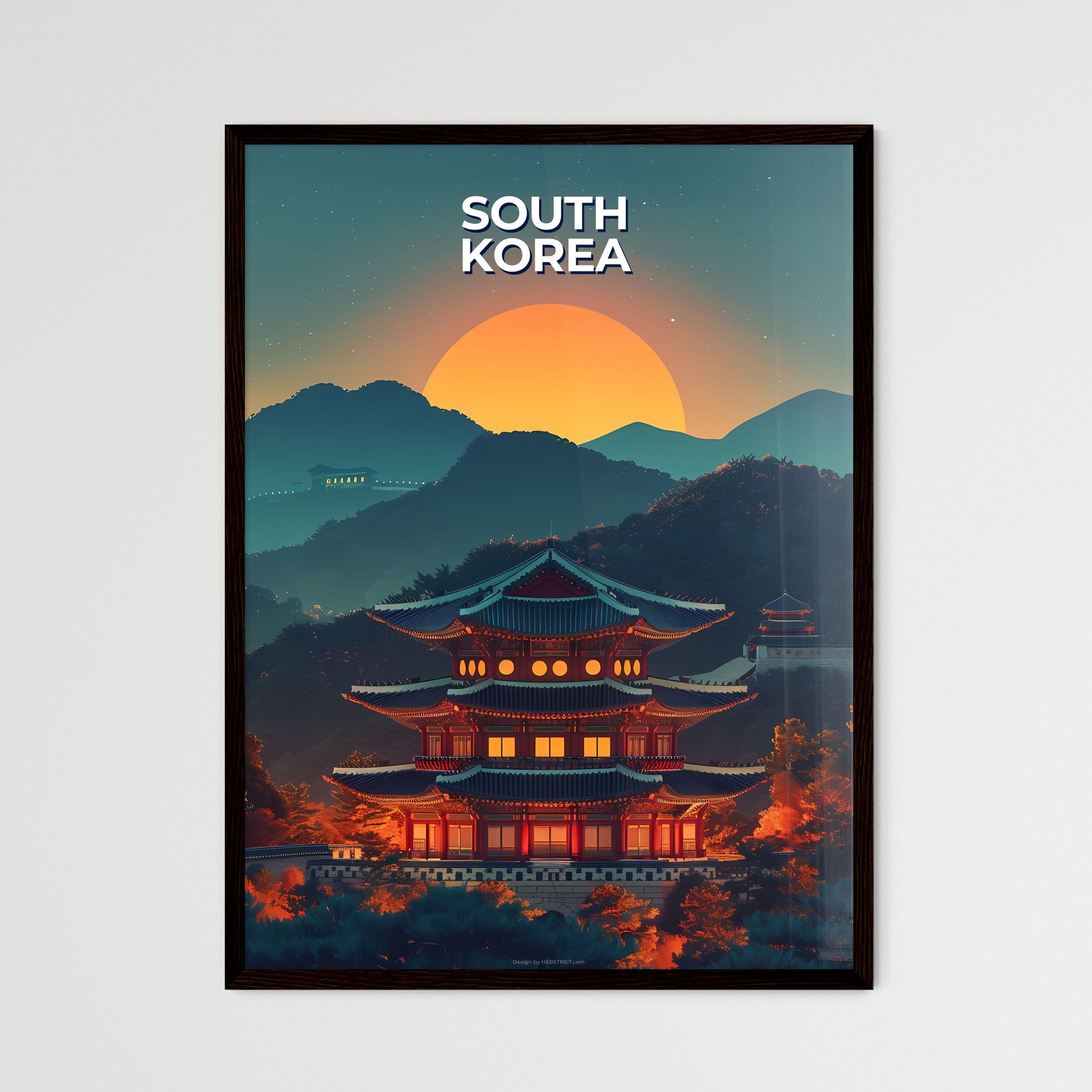 Vibrant Korean Art: Building Painting with Sun Motif, South East Asia, East Asia Framed Art