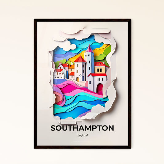 Vivid Southampton, England - a paper cut of a city with a rainbow sky