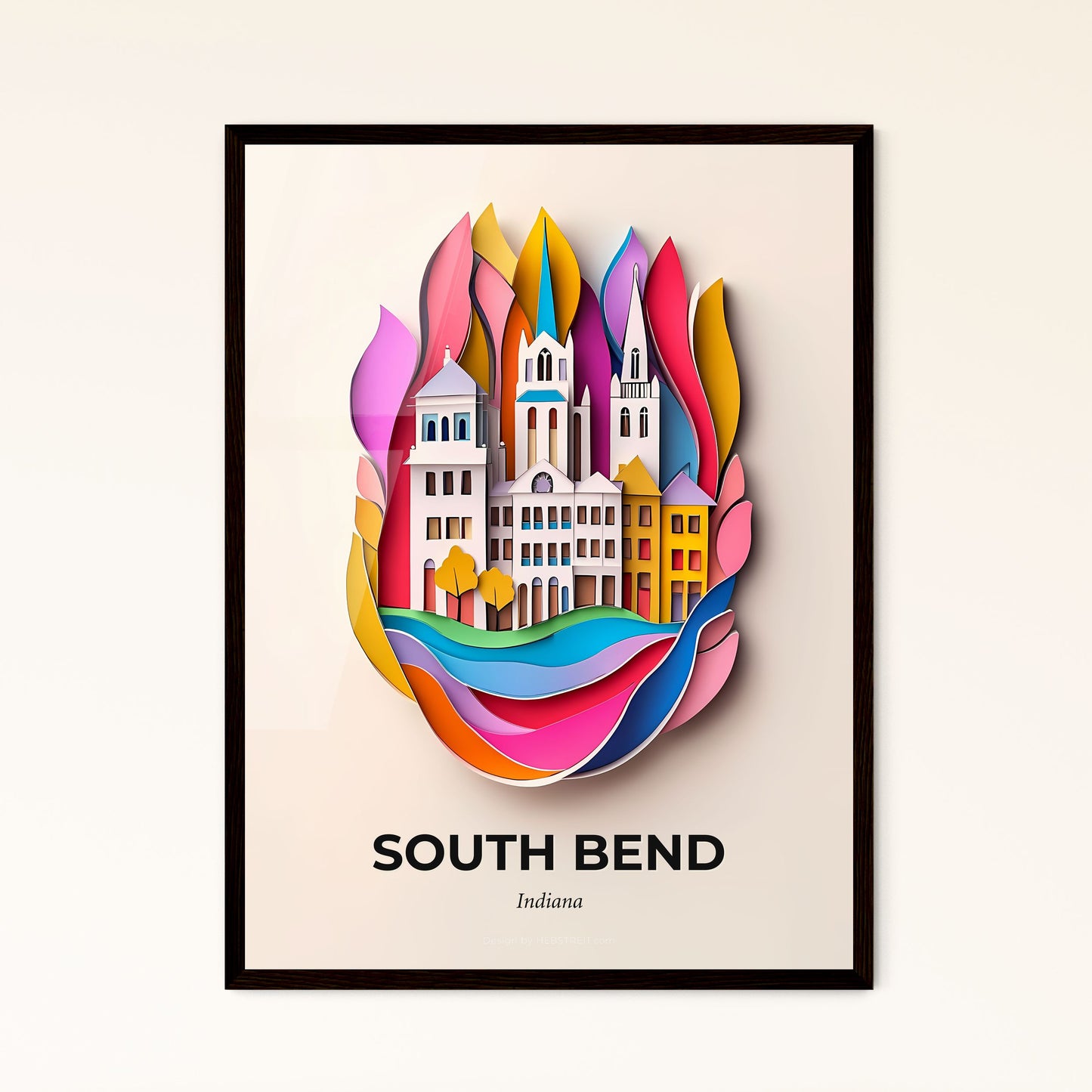 Vivid South Bend, Indiana - a paper cut of a city with a church