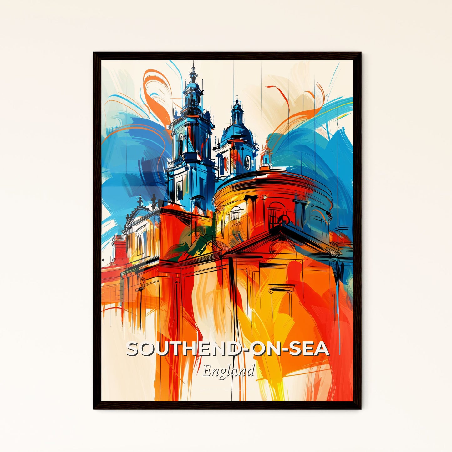 Vibrant Southend-On-Sea, England - A Painting Of A Building With A Colorful Background