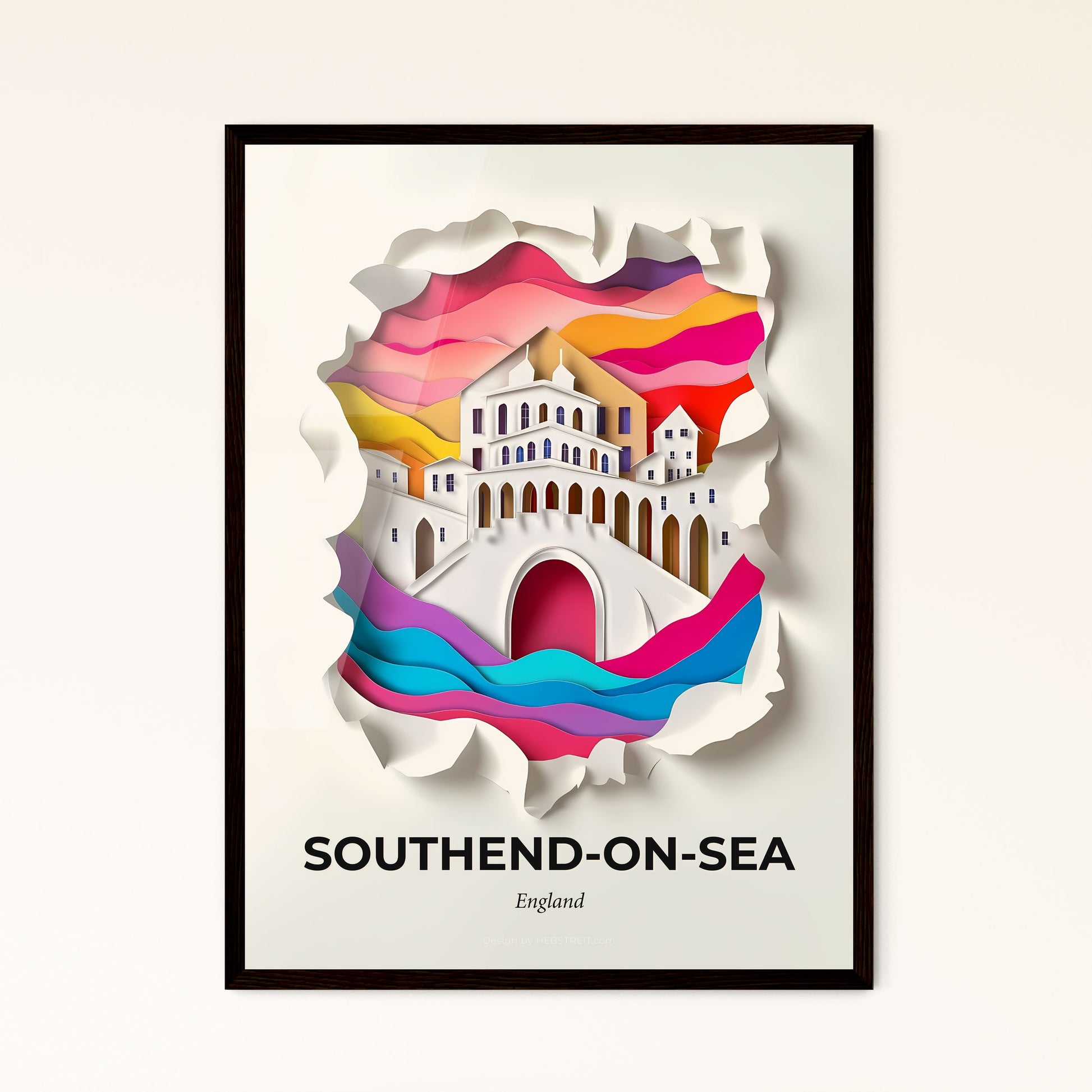 Vivid Southend-on-Sea, England - a paper cut of a castle with a rainbow sky