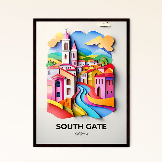 Vivid South Gate, California - a paper cut of a colorful town with a river