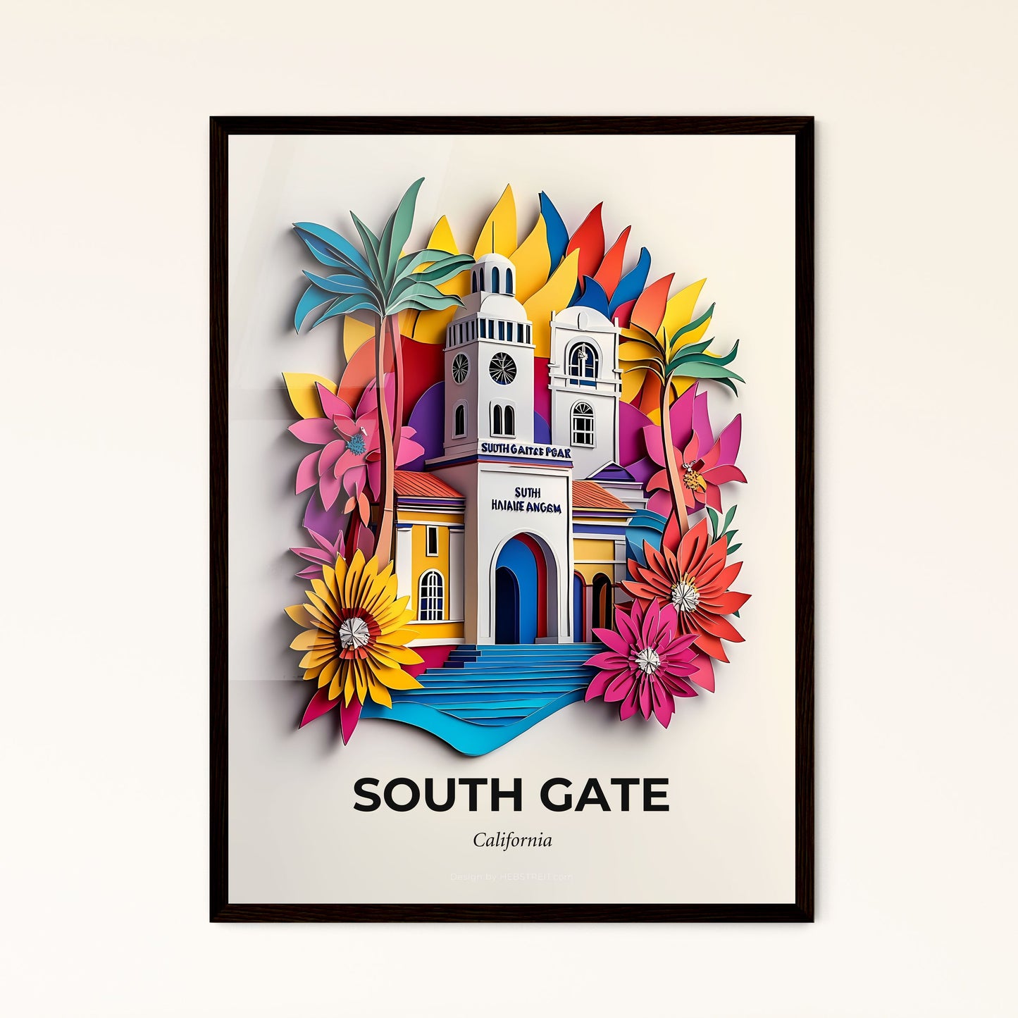 Vivid South Gate, California - a paper cut of a church with a clock tower