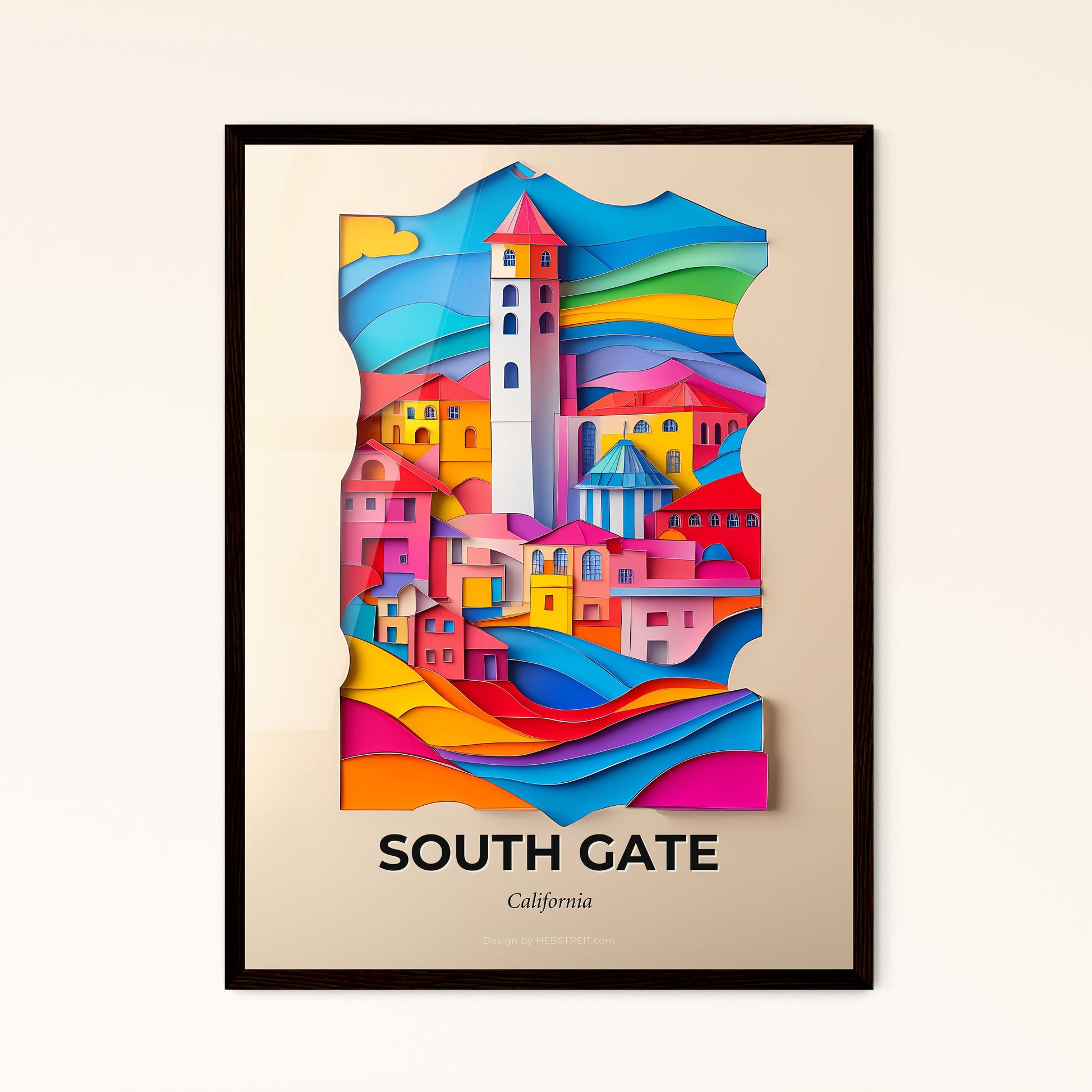 Vivid South Gate, California - a colorful city with a clock tower in the middle