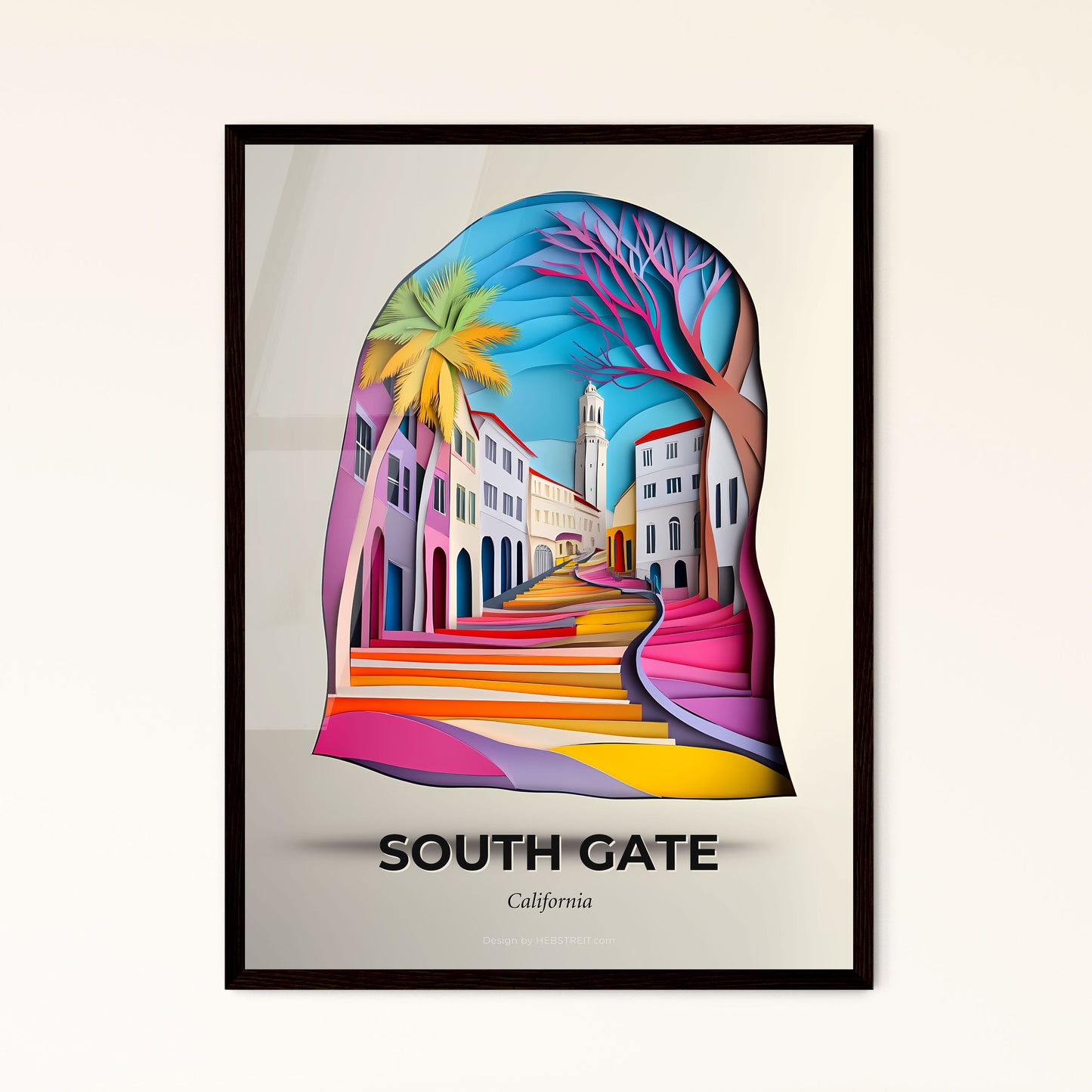 Vivid South Gate, California - a paper cut of a city with a palm tree