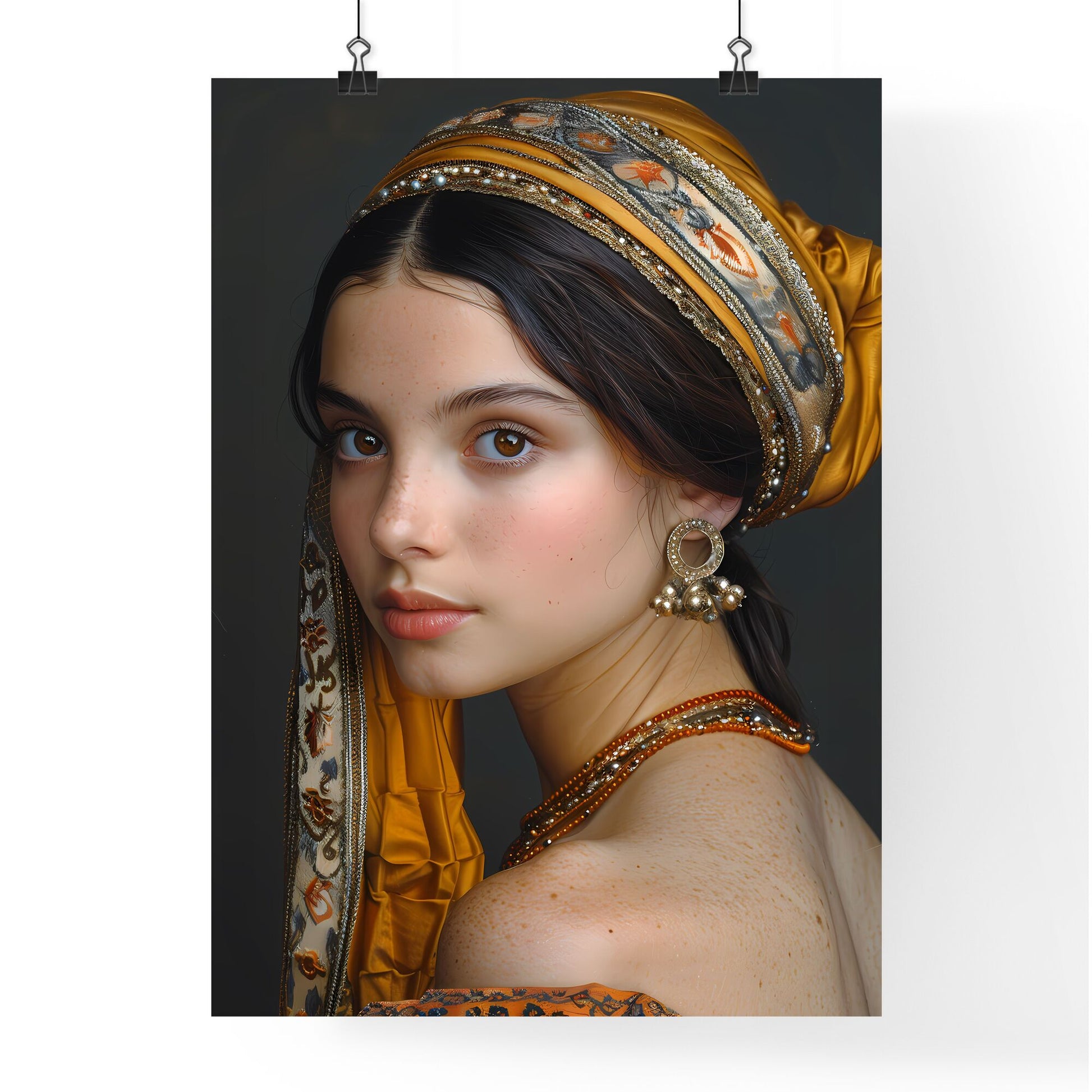 Intricate Spanish Noblewoman Portrait, 17th Century, Blue and Gold Costume, Intelligent Gaze, Long Hair, Headscarf, Earrings, Renaissance Art Default Title
