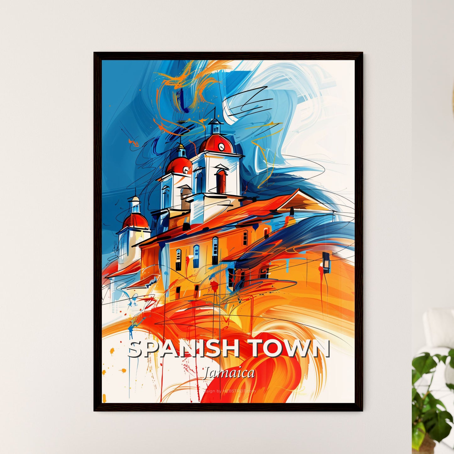 Vibrant Spanish Town, Jamaica - A Painting Of A Building With Orange And Blue Colors