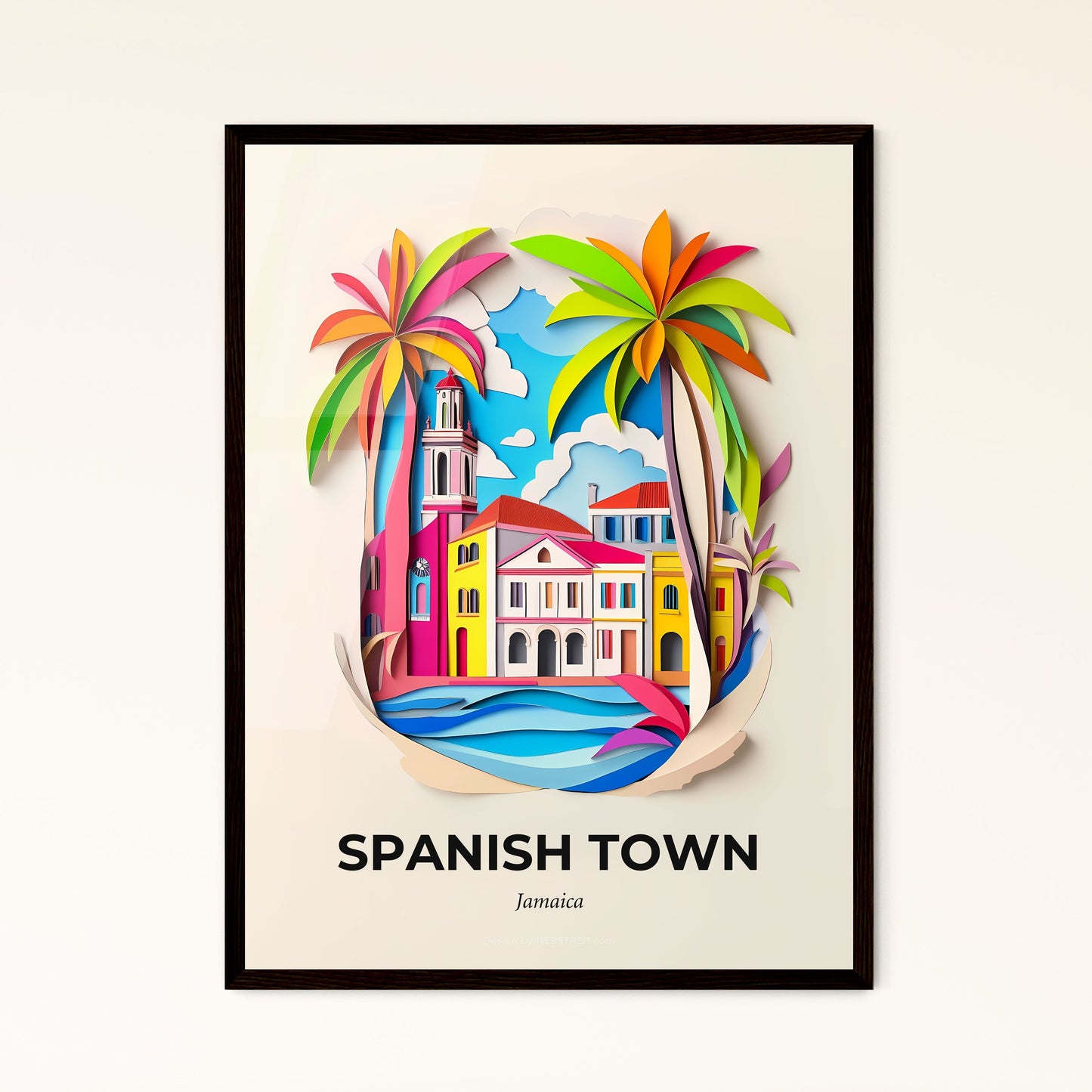 Vivid Spanish Town, Jamaica - a paper cut of a colorful city with palm trees